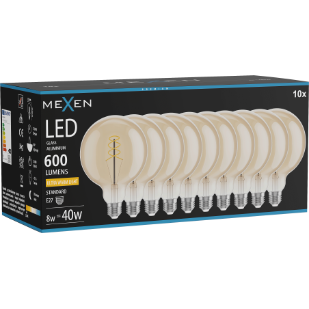 Mexen Vintis 10x LED spiralės kaitinamoji lempa E27, G125, 8W, Šilta - 2200K, 600 lm, gintarinė - L168-E27-0822-50x10