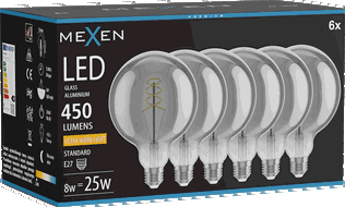 Mexen Vintis 6x Filamento spiralės LED lemputė E27, G125, 8W, Šilta - 2200K, 450 lm, dūminė - L168-E27-0822-70x06