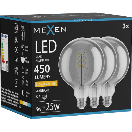 Mexen Vintis 3x LED kaitrinė spiralės lemputė E27, G125, 8W, Šilta - 2200K, 450 lm, dūmų - L168-E27-0822-70x03