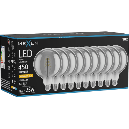 Mexen Vintis 10x LED spiralės kaitinamoji lempa E27, G125, 8W, Šilta - 2200K, 450 lm, dūminė - L168-E27-0822-70x10