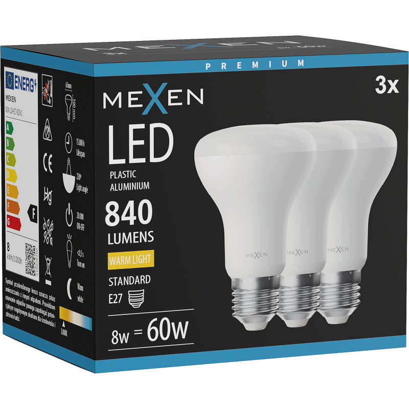 Mexen Nova 3x LED lemputė E27, R63, 8W, Šilta - 3000K, 840 lm - L104-E27-0830-01x03