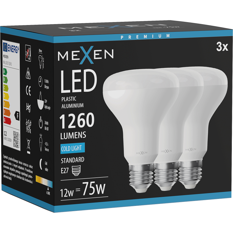 Mexen Nova 3x LED lemputė E27, R80, 12W, Šalta - 6500K, 1260 lm - L105-E27-1265-01x03