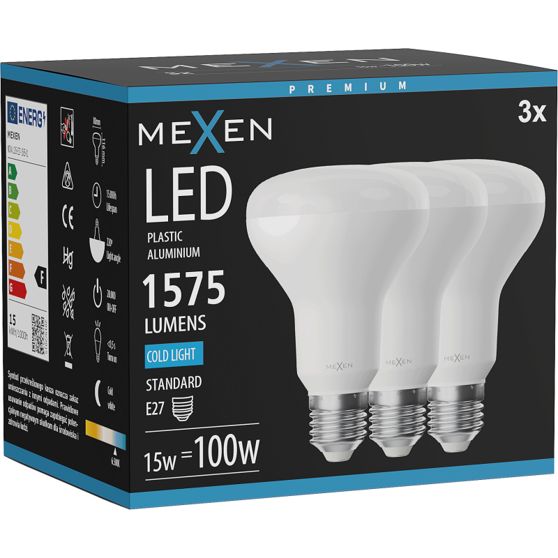Mexen Nova 3x LED lemputė E27, R80, 15W, Šalta - 6500K, 1575 lm - L105-E27-1565-01x03