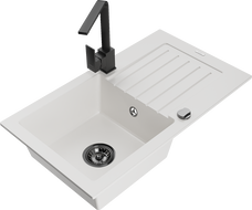 Mexen Pablo granitinė plautuvė su vienu dubeniu, ištekėjimo zona ir virtuviniu maišytuvu Rita, balta - 6510-20-670300-70