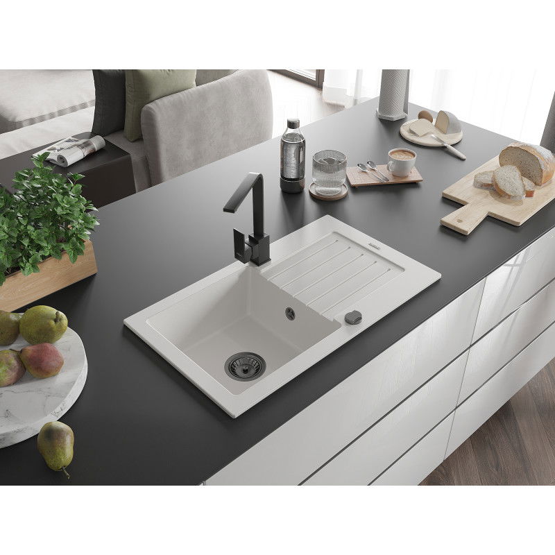 Mexen Pablo granitinė plautuvė su vienu dubeniu, ištekėjimo zona ir virtuviniu maišytuvu Rita, balta - 6510-20-670300-70