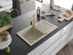 Mexen Pablo granitinė vienos kameros kriauklė su nutekėjimo lataku ir virtuviniu maišytuvu Rita, smėlio spalvos