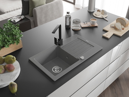 Mexen Pablo granitinis vienos kameros plautuvė su nusausinimo lentyna ir Rita virtuvės maišytuvu, pilkas - 6510-71-670300-70