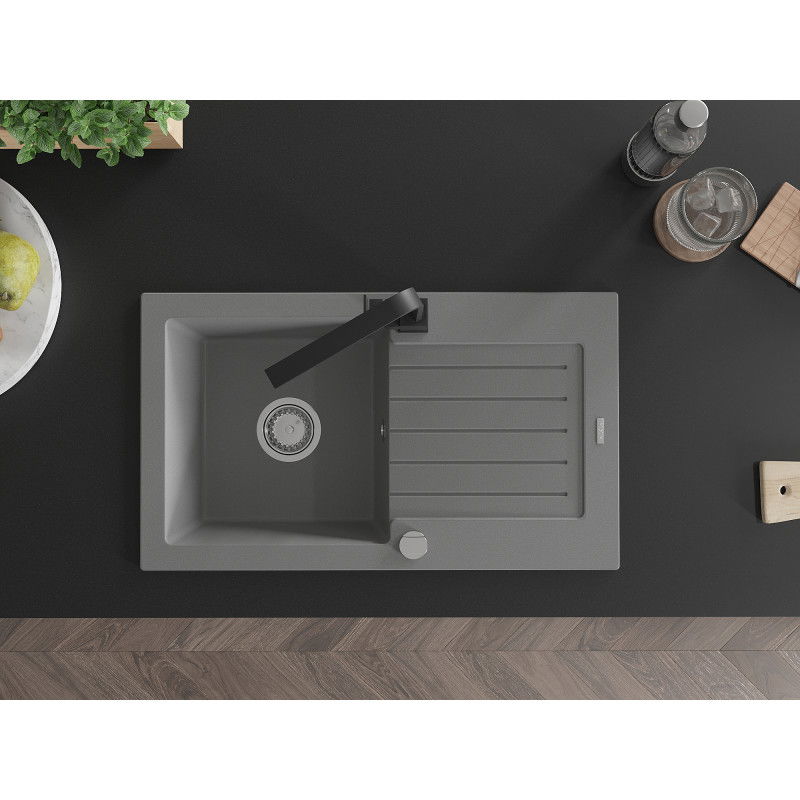 Mexen Pablo granitinis vienos kameros plautuvė su nusausinimo lentyna ir Rita virtuvės maišytuvu, pilkas - 6510-71-670300-70