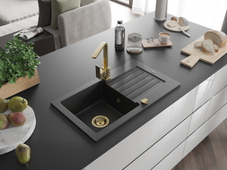 Mexen Pablo granitinė 1-kamerinė kriauklė su nutekamuoju ir virtuviniu mišikliu Rita, juoda/sidabrinė metalo