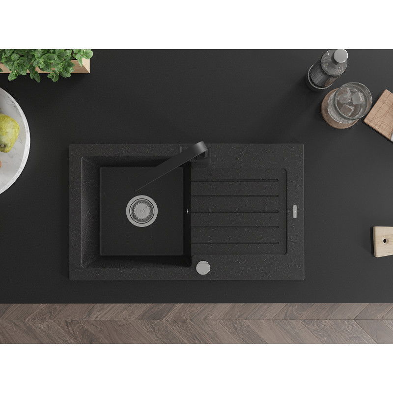 Mexen Pablo vienos kameros granitinė kriauklė su nutekėjimu ir virtuvės maišytuvu Rita, juodas/sidabrinis metalikas