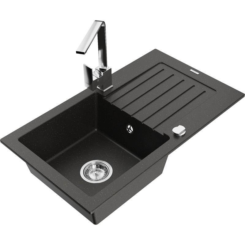 Mexen Pablo granitinė vienos kameros kriauklė su nusausinimo vieta ir virtuviniu čiaupu Rita, juoda/auksinė metaliko spalva