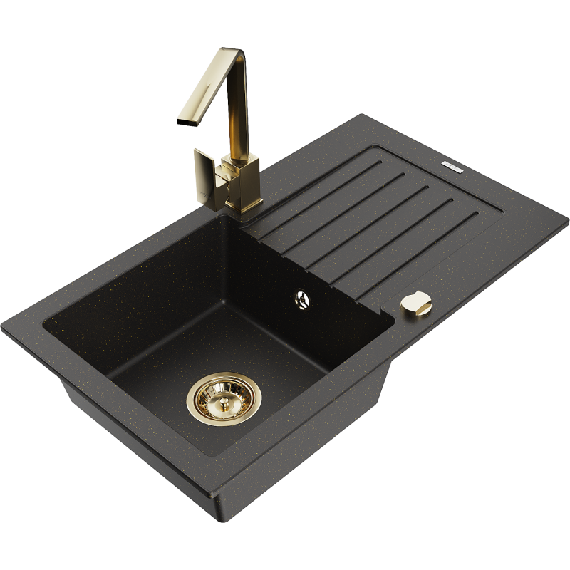 Mexen Pablo granitinė vienos kameros kriauklė su lašintuvu ir virtuviniu maišytuvu Rita, juoda/aukso metalikas