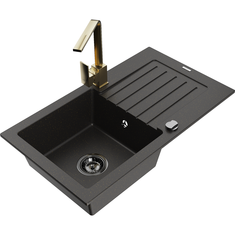 Mexen Pablo granitinis vienos dalies virtuvės kriauklė su nuvarvintuvu ir Ritos virtuviniu maišytuvu, juodas/auksinis