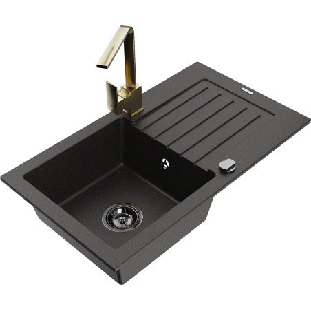 Mexen Pablo granitinis vienos dalies virtuvės kriauklė su nuvarvintuvu ir Ritos virtuviniu maišytuvu, juodas/auksinis
