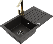 Mexen Pablo granitinis vienos dalies virtuvės kriauklė su nuvarvintuvu ir Ritos virtuviniu maišytuvu, juodas/auksinis