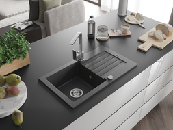 Mexen Pablo granitinė vienos kameros kriauklė su nutekamu ir virtuviniu maišytuvu Rita, juoda dėmėta - 6510-76-670300-00