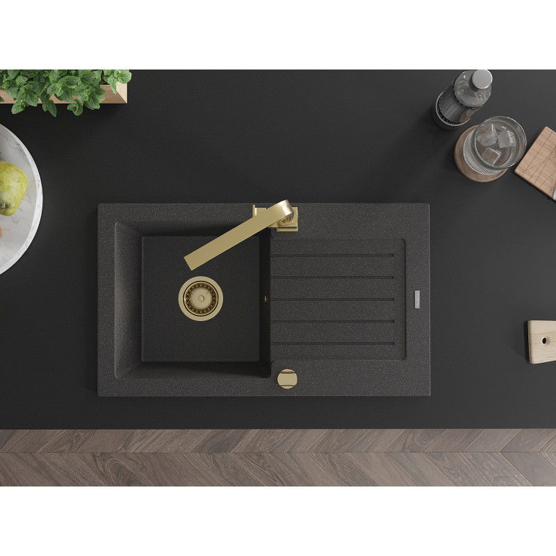 Mexen Pablo granitinė kriauklė su 1 kamera, nutekėjimu ir virtuviniu maišytuvu Rita, juodas su taškeliais - 6510-76-670300-50