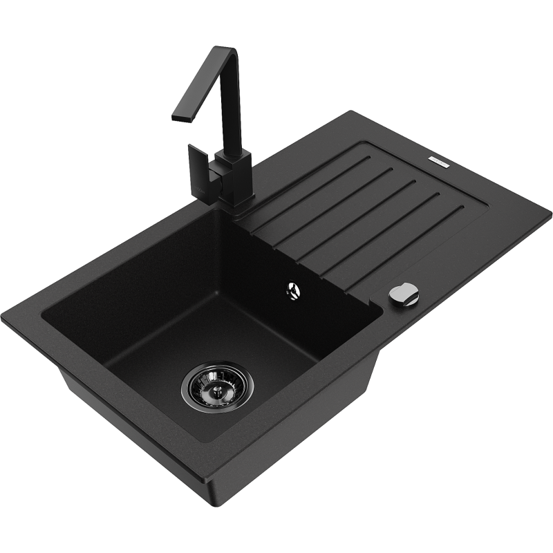 Mexen Pablo vieno dubens granitinė plautuvė su nusausinimo vieta ir virtuvinis maišytuvas Rita, juoda - 6510-77-670300-70-B