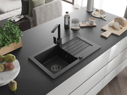 Mexen Pablo vieno dubens granitinė plautuvė su nusausinimo vieta ir virtuvinis maišytuvas Rita, juoda - 6510-77-670300-70-B