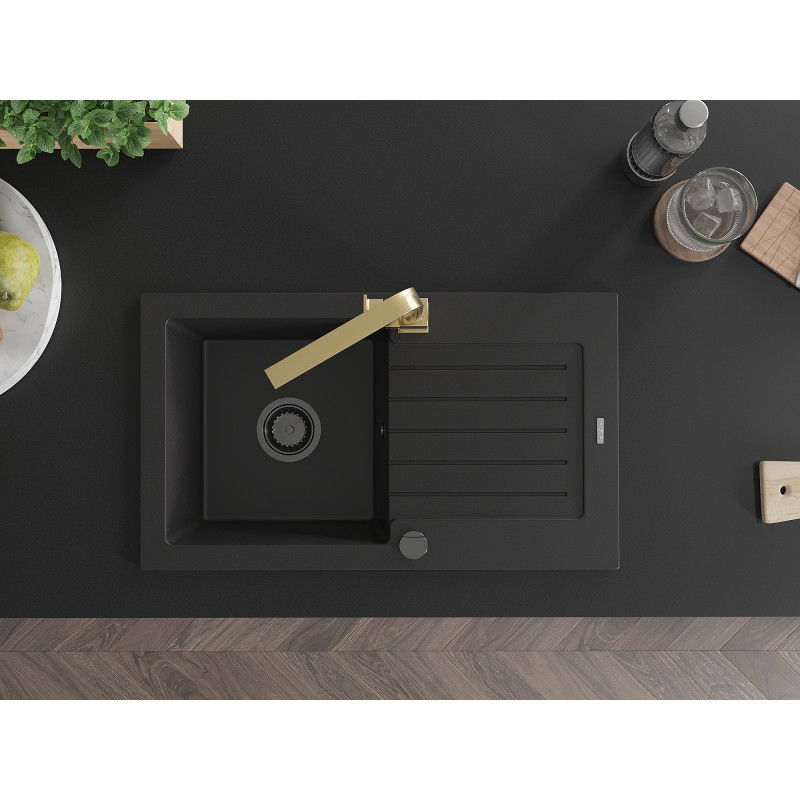 Mexen Pablo granito plautuvė 1-dubenė su lašeliu ir virtuviniu maišytuvu Rita, juoda - 6510-77-670300-50-B