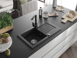 Mexen Pablo granito kriauklė su viena plautuve ir maišytuvu Ritos, juoda - 6510-77-670300-70