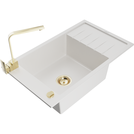 Mexen Elias 1 dubens granito plautuvė su varvine ir virtuviniu maišytuvu Rita, balta - 6511-20-670300-50