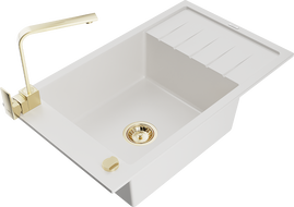 Mexen Elias 1 dubens granito plautuvė su varvine ir virtuviniu maišytuvu Rita, balta - 6511-20-670300-50