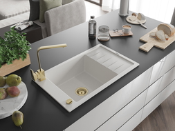 Mexen Elias 1 dubens granito plautuvė su varvine ir virtuviniu maišytuvu Rita, balta - 6511-20-670300-50