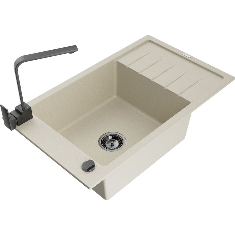 Mexen Elias granitinė vienos kameros kriauklė su nutekėjimu ir virtuviniu maišytuvu Rita, smėlio spalvos