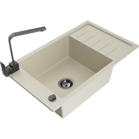 Mexen Elias granitinė vienos kameros kriauklė su nutekėjimu ir virtuviniu maišytuvu Rita, smėlio spalvos