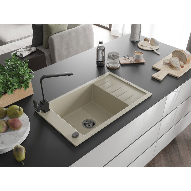 Mexen Elias granitinė vienos kameros kriauklė su nutekėjimu ir virtuviniu maišytuvu Rita, smėlio spalvos