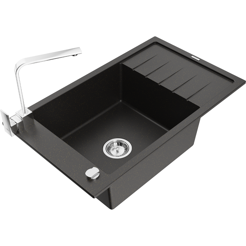 Mexen Elias granitinė vienos kameros kriauklė su nutekėjimu ir virtuviniu maišytuvu Rita, juodas/auksinis metalikas