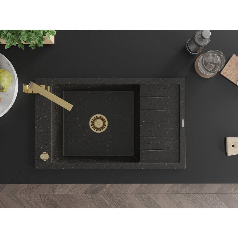 Mexen Elias granitinė vienos kameros kriauklė su nusausintuvu ir virtuviniu maišytuvu Rita, juoda/auksinė metalika
