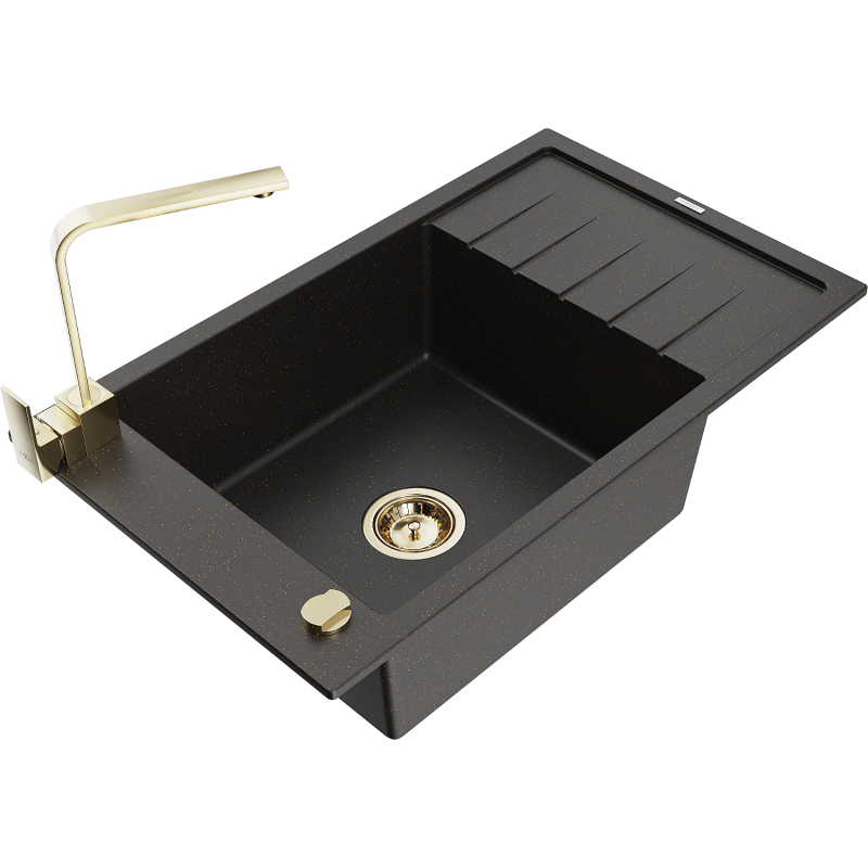 Mexen Elias granitinė vienos kameros kriauklė su nusausintuvu ir virtuviniu maišytuvu Rita, juoda/auksinė metalika