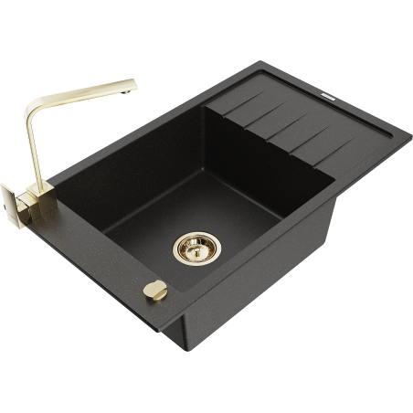 Mexen Elias granitinė vienos kameros kriauklė su nusausintuvu ir virtuviniu maišytuvu Rita, juoda/auksinė metalika