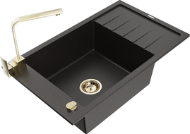 Mexen Elias granitinė vienos kameros kriauklė su nusausintuvu ir virtuviniu maišytuvu Rita, juoda/auksinė metalika