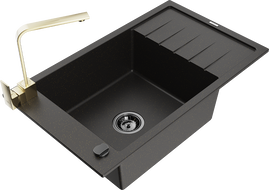 Mexen Elias granitinė vienos kameros kriauklė su nuvarvėjimo padėklu ir virtuviniu maišytuvu Rita, juodas/auksinis