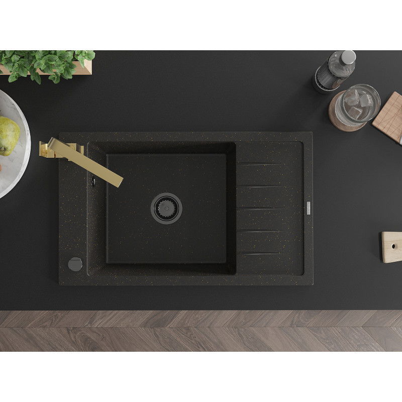 Mexen Elias granitinė vienos kameros kriauklė su nuvarvėjimo padėklu ir virtuviniu maišytuvu Rita, juodas/auksinis