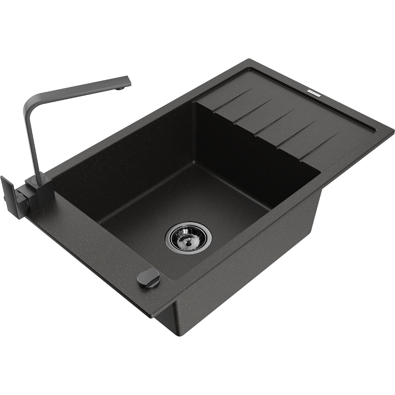 Mexen Elias granitinė 1-skyrių kriauklė su nutekėjimu ir virtuviniu maišytuvu Rita, juoda/auksinė metalo spalva