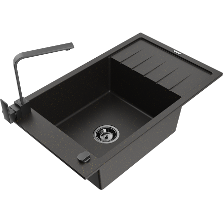 Mexen Elias granitinė 1-skyrių kriauklė su nutekėjimu ir virtuviniu maišytuvu Rita, juoda/auksinė metalo spalva