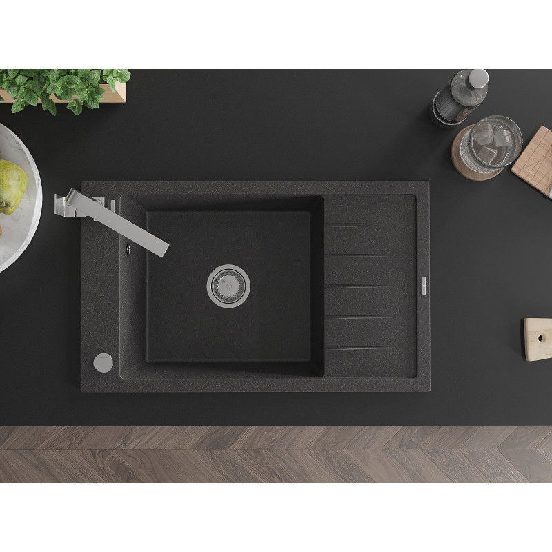 Mexen Elias 1-sekcijos granitinė kriauklė su nusausintuvu ir virtuvės maišytuvu Rita, juoda dėmėta - 6511-76-670300-00