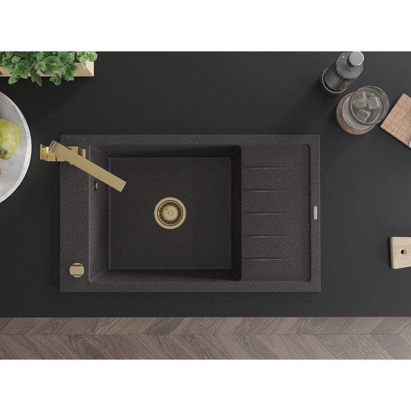 Mexen Elias granitinė vienos plautuvės kriauklė su nusausintuvu ir virtuvės maišytuvu Rita, juodas su dėmėmis