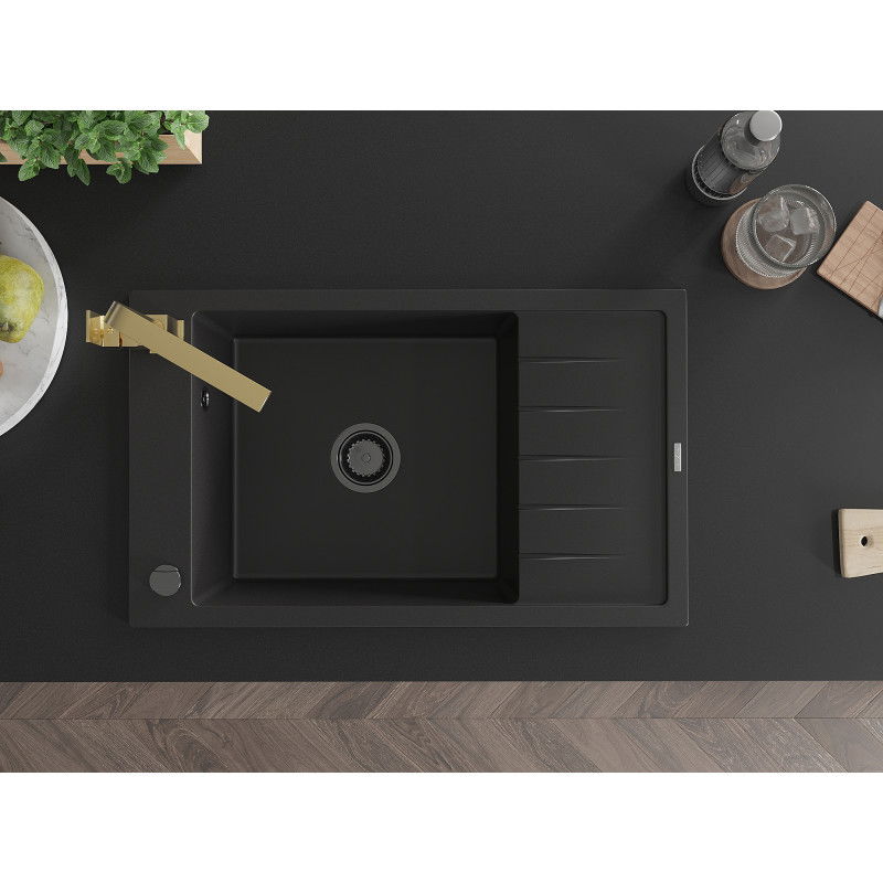 Mexen Elias granitinė kriauklė su viena kamera ir nusausintoju bei virtuvės maišytuvu Rita, juoda - 6511-77-670300-50-B