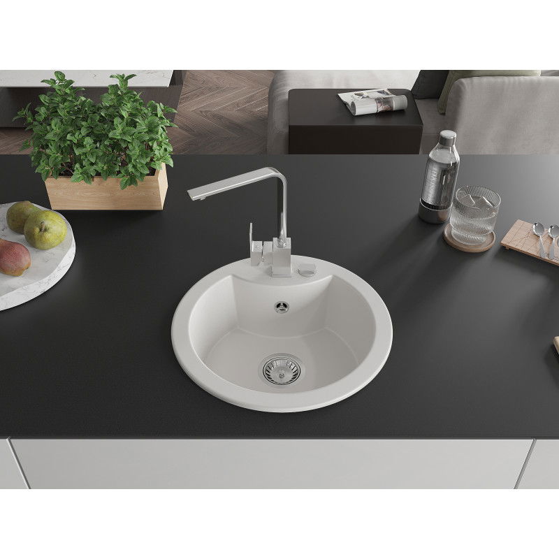 Mexen Diego vienos vonios granitinis nerūdijantis plautuvės rinkinys su virtuviniu maišytuvu Rita, baltas - 6512-20-670300-00