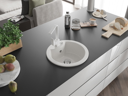 Mexen Diego granitinė vienos plautuvės plautuvė su virtuviniu maišytuvu Rita, balta - 6512-20-670300-20