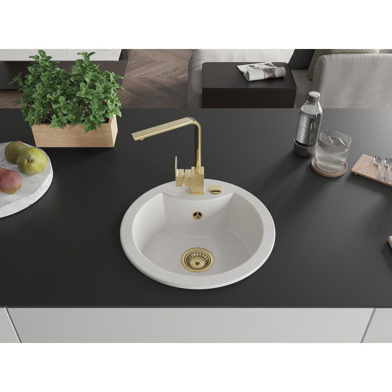 Mexen Diego granitinė vienos kameros kriauklė su virtuviniu maišytuvu Rita, baltas - 6512-20-670300-50