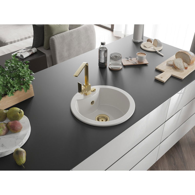 Mexen Diego granitinė vienos kameros kriauklė su virtuviniu maišytuvu Rita, baltas - 6512-20-670300-50