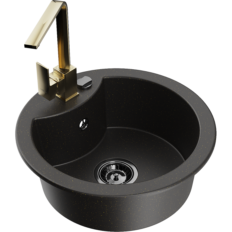 Mexen Diego granitinė vienos kameros plautuvė su virtuviniu maišytuvu Rita, juodas/auksinis metalikas - 6512-75-670300-50-B