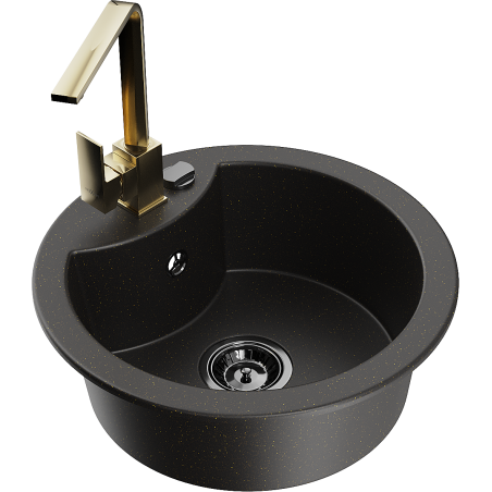Mexen Diego granitinė vienos kameros plautuvė su virtuviniu maišytuvu Rita, juodas/auksinis metalikas - 6512-75-670300-50-B