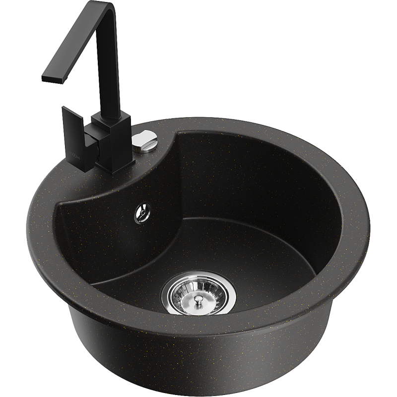 Mexen Diego granitinė vienos kameros plautuvė su virtuviniu maišytuvu Rita, juoda/auksinė metalo spalva - 6512-75-670300-70